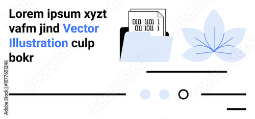 Binary code paper in a folder, abstract flower, lines, and dots. Ideal for digital content, technology, data storage, organization, minimalistic design, education. Landing page