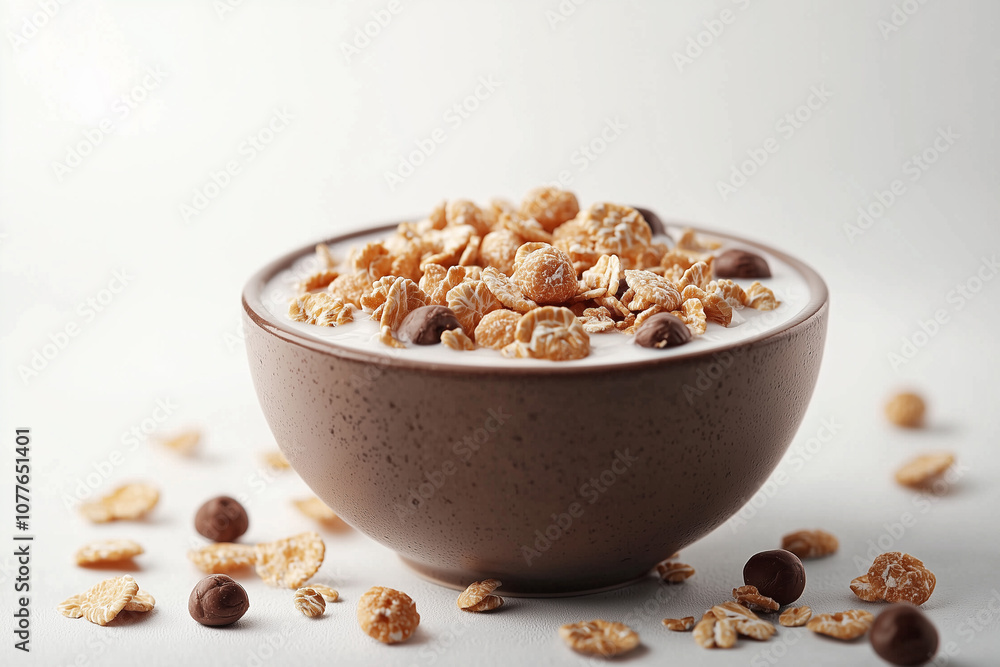 Cereals in bowl with milk on white background with few cerals scattered around. Cereals in bowl with milk on white background with few cerals scattered around.