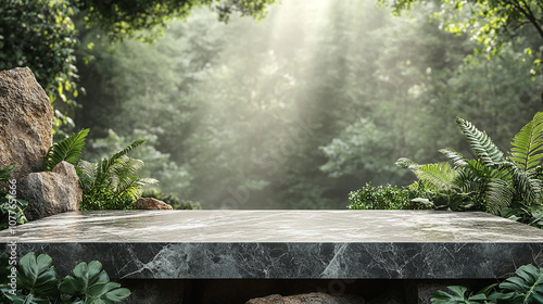 3D realistic stone countertop on forest jungle background for beauty products. Empty luxury marble counter top mockup. Premium ad design template podium display showcase illustration. photo