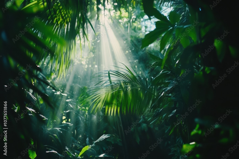 Fototapeta premium Soft rays of sunlight filter through lush green leaves, illuminating the path in a serene tropical forest, creating a tranquil atmosphere. Generative AI