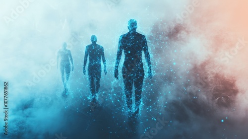 Futuristic Silhouettes Walking Through a Digital Fog
