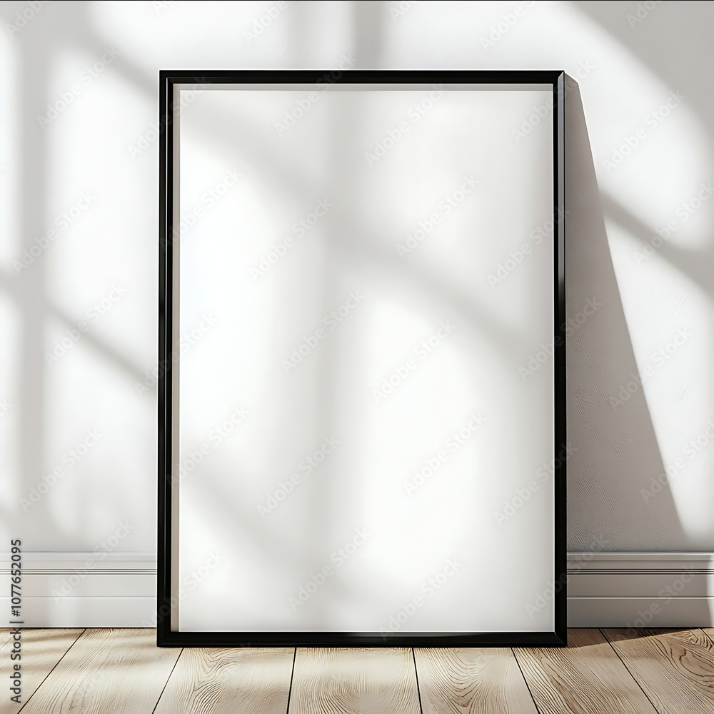 a photorealistic minimalist black framed 34 aspect ratio blank white canvas on a wood floor leaning against a white wall a photorealistic minimalist black framed 34 aspect ratio blank white canvas on a wood floor leaning against a white wall