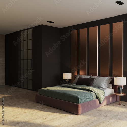 Dark stylish design bedroom. Premium minimalistic hotel room.  photo