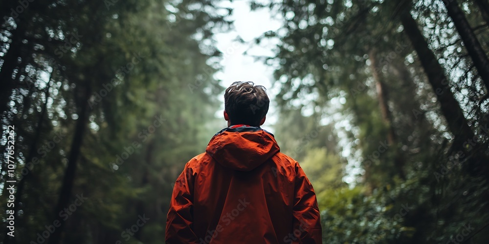 Man in red jacket looking up at forest canopy, nature, adventure, hiking Man in red jacket looking up at forest canopy, nature, adventure, hiking