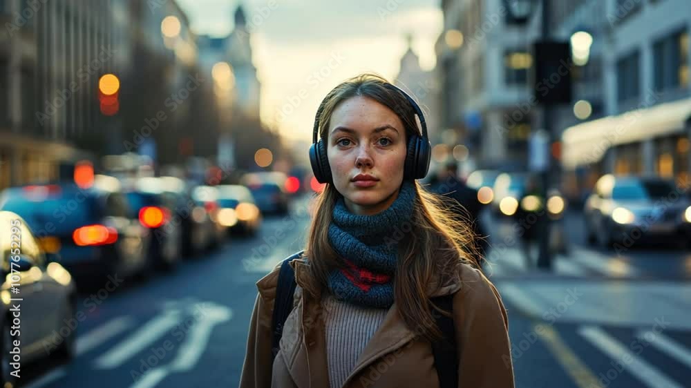 Portrait of a young woman commuting to work in a busy English city, walking briskly with her headphones on, navigating the streets filled with cars and people Portrait of a young woman commuting to work in a busy English city, walking briskly with her headphones on, navigating the streets filled with cars and people