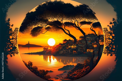 Beautiful sunset on the sea. Collage. Vector illustration. photo