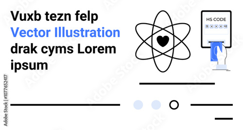 Heart-centered atom, hand holding phone displaying HS code, horizontal lines, dots, and text blocks. Ideal for technology, science, healthcare, research, education, digital interface, and landing