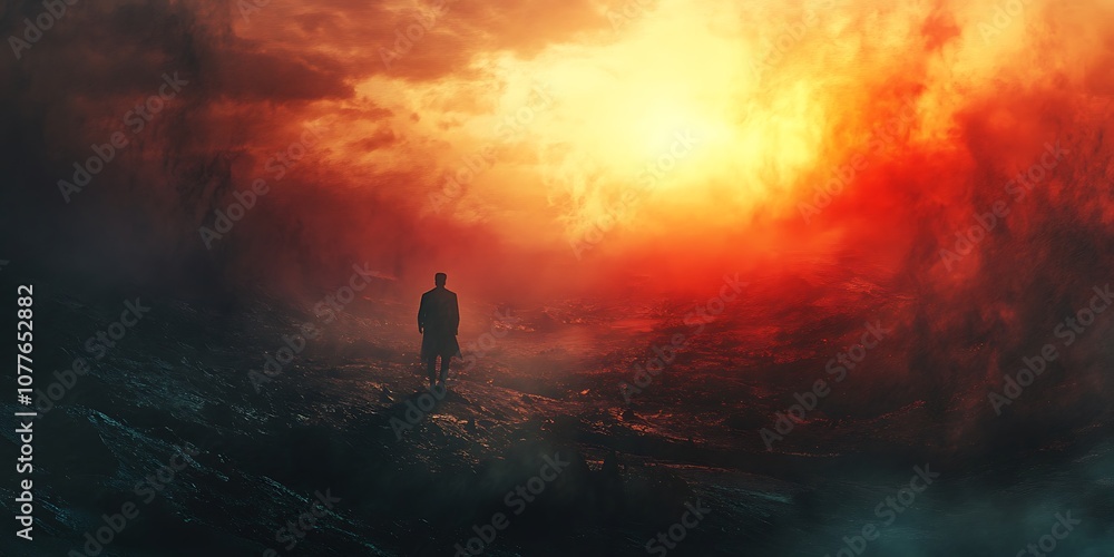 Silhouette of man walking toward fiery sunset in dark landscape Silhouette of man walking toward fiery sunset in dark landscape