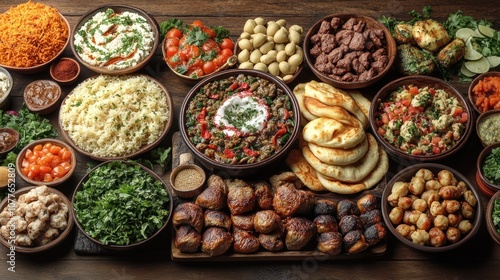 A variety of Middle Eastern foods are spread out on a wooden table.