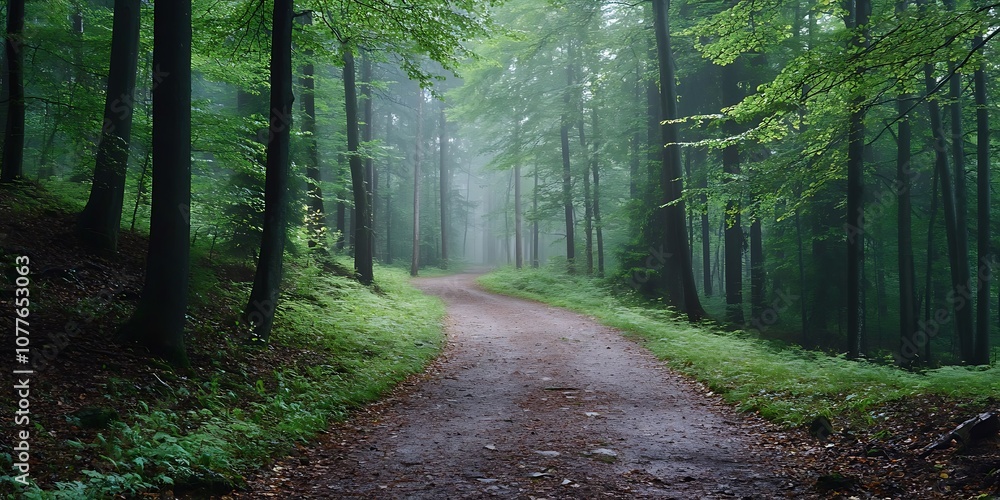 Fototapeta premium Mysterious Foggy Forest Path, Winding Road Through Trees