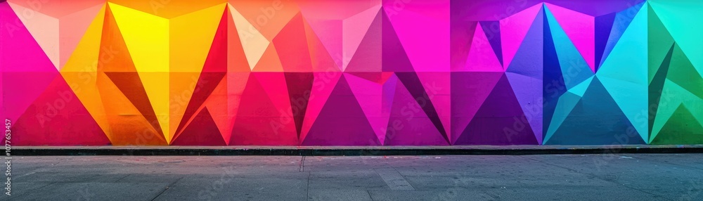 Fototapeta premium A vibrant geometric mural featuring a spectrum of colors, showcasing angular shapes and a modern artistic style.
