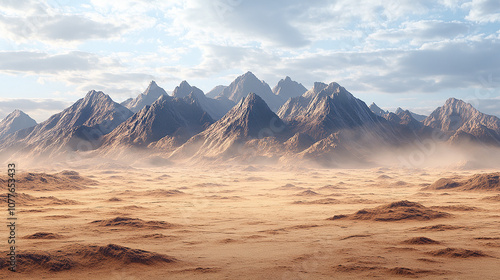 Wide panorama of a stone desert at sunrise in haze of soft sunlight, mountain landscape isolated on white background. Travel to wildlife extreme tour, adventures to wilderness illustration.