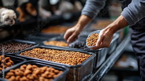 Person selecting pet food from containers in a store.