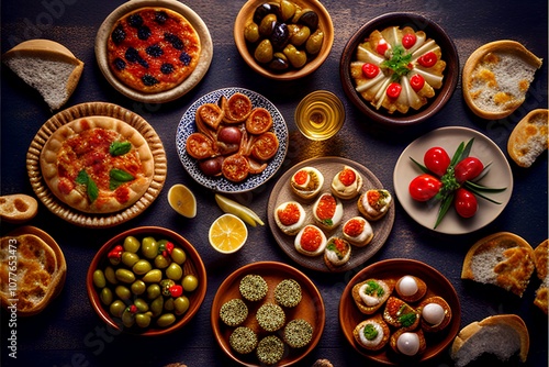 Italian antipasti food selection. Cheese variety, Mediterranean appetizers.