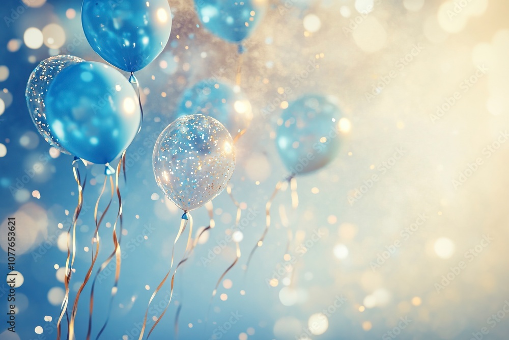 Happy warm image with small blue balloons on the edge and glitter, photorealistic, high quality ,generative ai Happy warm image with small blue balloons on the edge and glitter, photorealistic, high quality ,generative ai