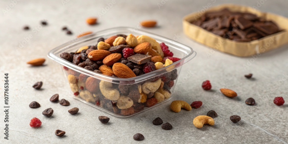 A small clear container filled with a medley of trail mix displaying a mix of nuts dried fruit and dark chocolate bits against a neutral backdrop. A small clear container filled with a medley of trail mix displaying a mix of nuts dried fruit and dark chocolate bits against a neutral backdrop.