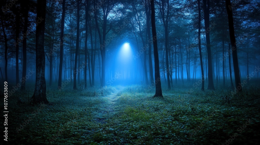 Fototapeta premium A mysterious blue light shines through the trees in a misty forest.