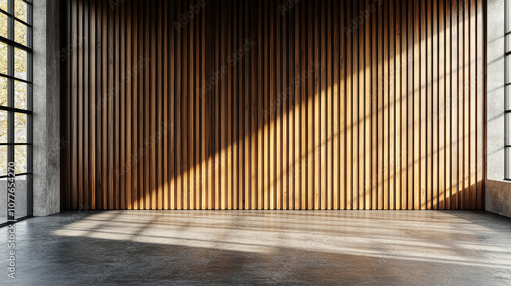 Wall with wood background texture. Panels with wood texture and vertical slats in the interior design of an empty studio room. 3D architecture with window shadow overlay illustration. Wall with wood background texture. Panels with wood texture and vertical slats in the interior design of an empty studio room. 3D architecture with window shadow overlay illustration.