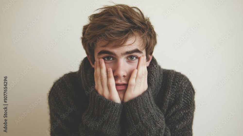 Young Man Expressing Emotion in Cozy Sweater Portrait Young Man Expressing Emotion in Cozy Sweater Portrait