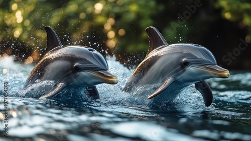 Two dolphins swimming together in a vibrant ocean setting.