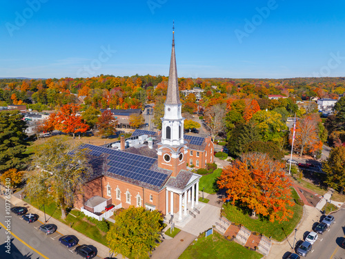 Wellesley Congregational Church aerial view at fall with foliage at 2 Central Street in historic town center of Wellesley, Massachusetts MA, USA. photo