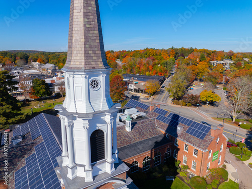 Wellesley Congregational Church aerial view at fall with foliage at 2 Central Street in historic town center of Wellesley, Massachusetts MA, USA. photo