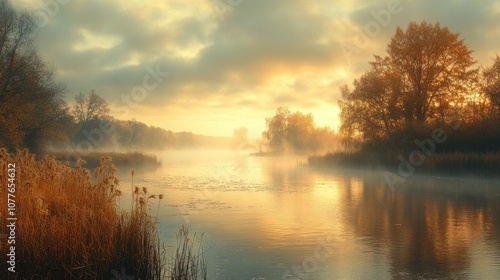 Serene river landscape at sunrise with mist and autumn foliage.