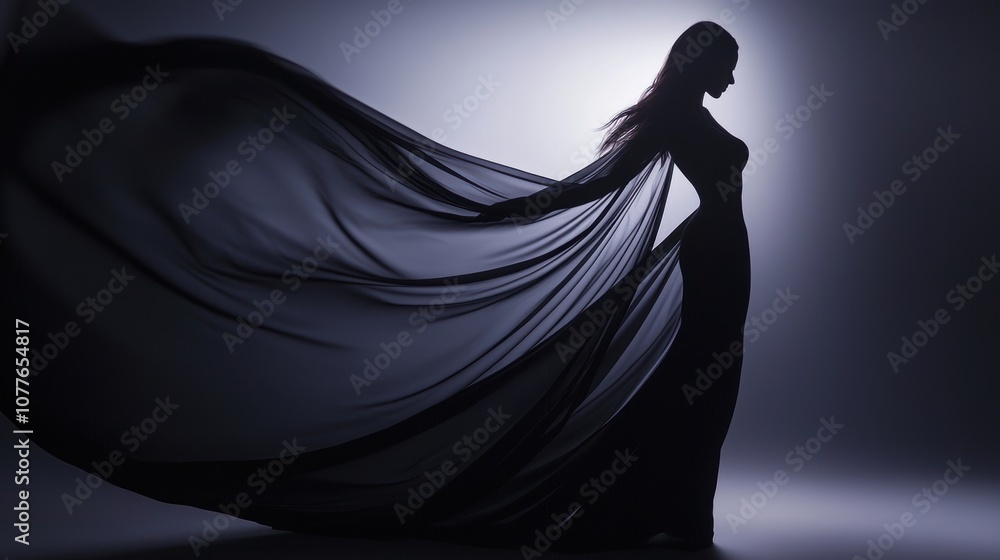 Elegant silhouette of a woman with flowing fabric Elegant silhouette of a woman with flowing fabric