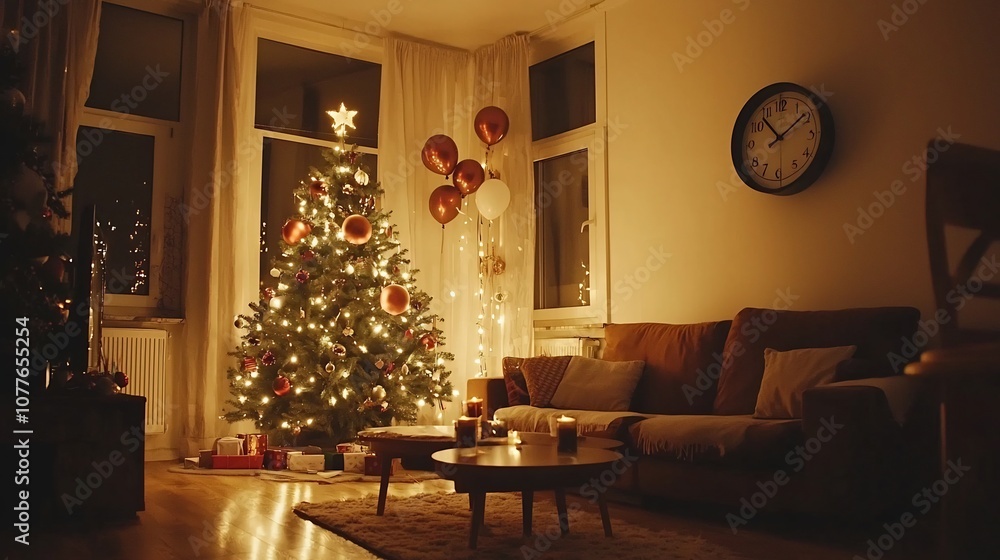 Cozy and inviting living room decorated with a Christmas tree balloons and ambient lighting creating a warm and festive atmosphere for celebrating the New Year Cozy and inviting living room decorated with a Christmas tree balloons and ambient lighting creating a warm and festive atmosphere for celebrating the New Year