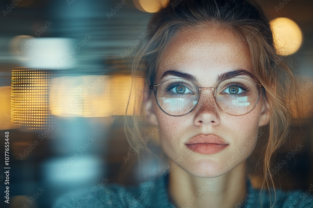 Portrait of a young woman with glasses, deeply focused in a tech environment.
Portrait of a young woman with glasses, deeply focused in a tech environment.
