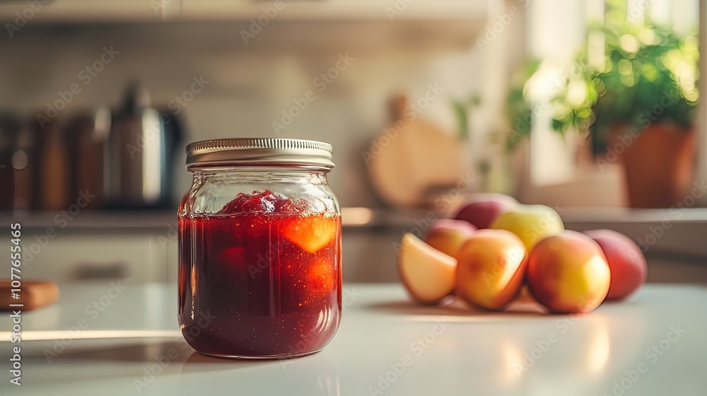 A jar of homemade jam sits on a kitchen counter, next to a pile of apples. A jar of homemade jam sits on a kitchen counter, next to a pile of apples.