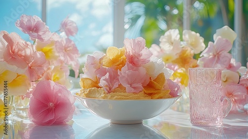 A white bowl filled with yellow and pink flower petals is on a white table, next to a pink glass and a vase of yellow and pink flowers, with a bright, sunny window in the background.