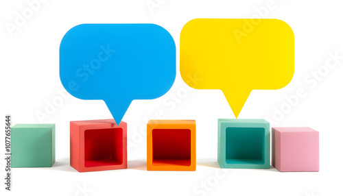 Speech bubbles and colorful cubes. Inclusive language concept isolated with white highlights, png photo