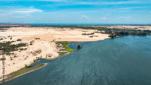 Aerial view of Bau Trang lake (a beautiful landscape, raw of automobiles with...