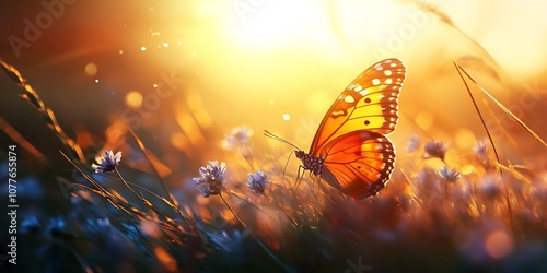 Golden Butterfly in a Field of Flowers at Sunset
