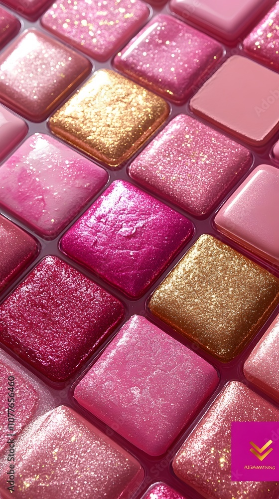 Fototapeta premium Elegant Arranged Blush Palette on a Polished Marble Surface Showcasing a Variety of Shimmering Shades for Makeup Artists and Beauty Enthusiasts