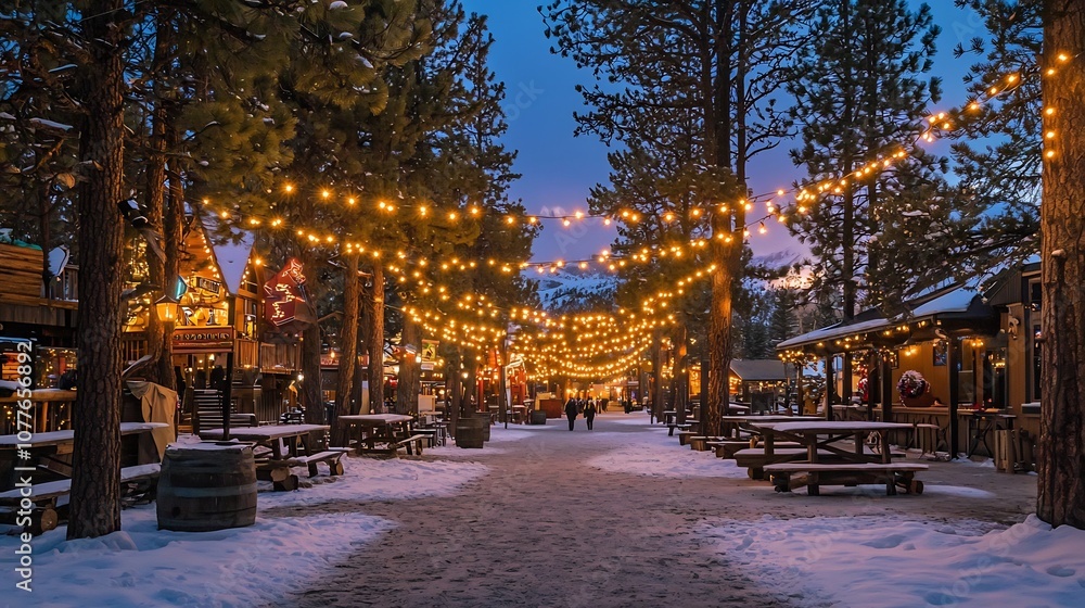 Enchanting snowy pine forest adorned with glowing warm fairy lights creating a magical and cozy atmosphere in a winter wonderland setting Enchanting snowy pine forest adorned with glowing warm fairy lights creating a magical and cozy atmosphere in a winter wonderland setting