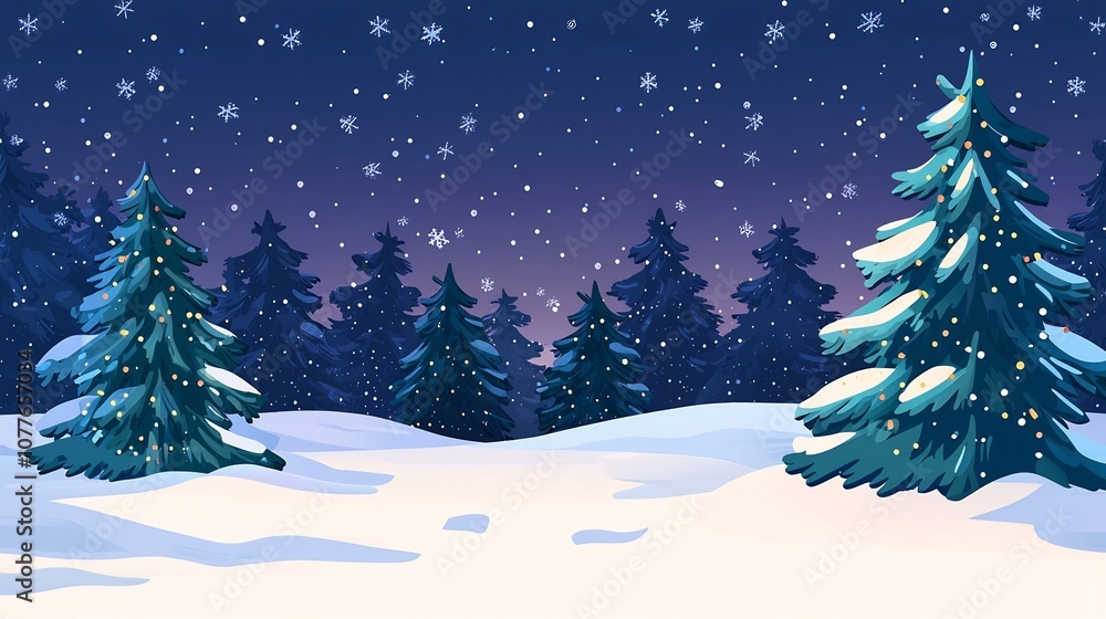Obraz premium Enchanting winter landscape with snow covered pine trees adorned with twinkling lights standing tall under a serene starry night sky This peaceful