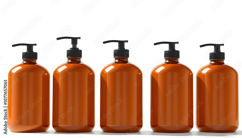 Five Brown Plastic Bottles With Black Pumps and Caps on a White Surface isolated with white highlights, png Five Brown Plastic Bottles With Black Pumps and Caps on a White Surface isolated with white highlights, png