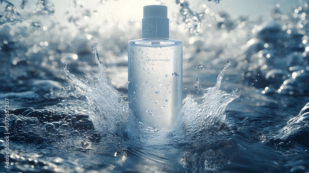 Clear Water Splash with Bottle of Lotion Surrounded by Droplets Creating a Refreshing and Invigorating Atmosphere for Skincare Imagery Clear Water Splash with Bottle of Lotion Surrounded by Droplets Creating a Refreshing and Invigorating Atmosphere for Skincare Imagery