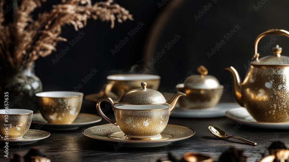 Golden Tea Set on Dark Table with Dried Flowers Golden Tea Set on Dark Table with Dried Flowers