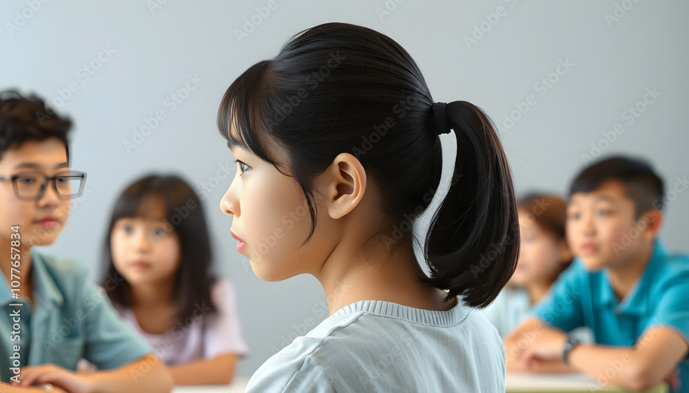 Side view portrait of Asian teenage girl with mental health problem in support group meeting for children isolated with white highlights, png Side view portrait of Asian teenage girl with mental health problem in support group meeting for children isolated with white highlights, png