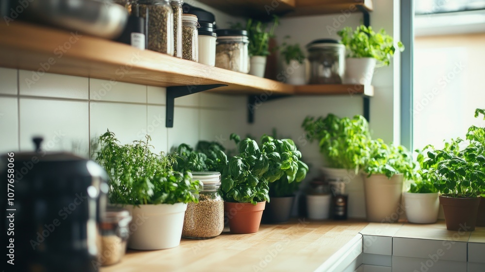 Fototapeta premium Kitchen Windowsill with Fresh Herbs and Spices