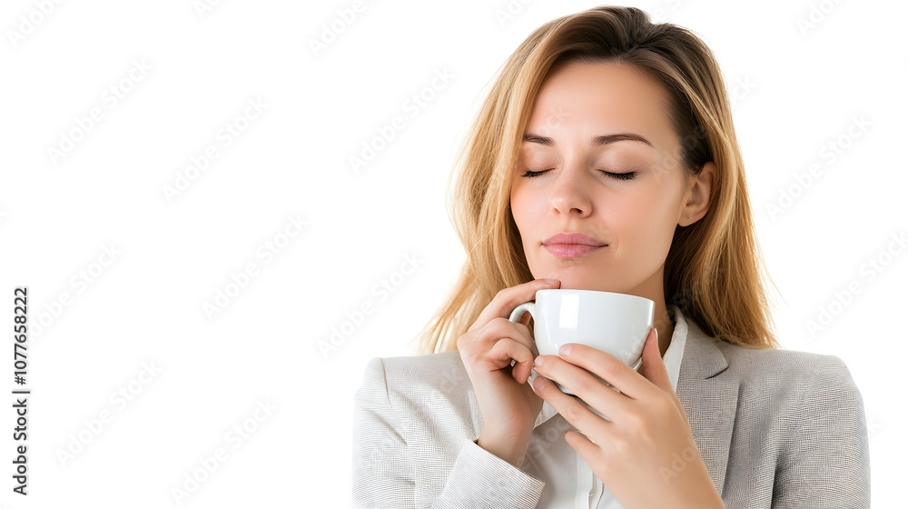 Woman in Business Casual Enjoying Coffee Moment Woman in Business Casual Enjoying Coffee Moment
