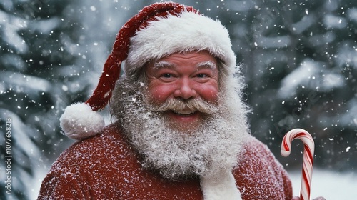 Jolly rosy cheeked Santa Claus with a big bushy white beard holding a candy cane standing in a snowy forest with tall pine trees in the background photo