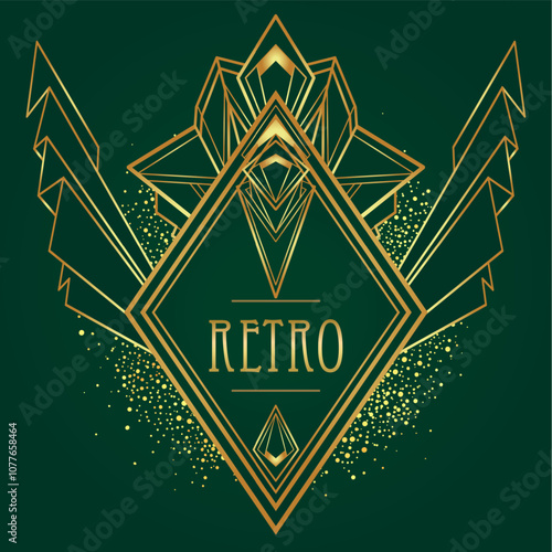 Art Deco vintage gold patterns over dark green, frames and design elements. Retro party geometric background set 1920s style. Vector illustration for glamour party, thematic wedding or textile prints.