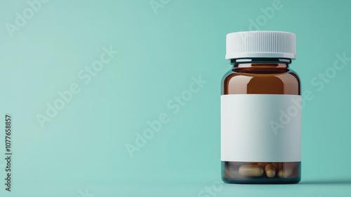 Brown Glass Pill Bottle with a blank white label on Teal Background, symbolizing healthcare, medication, and pharmaceuticals.