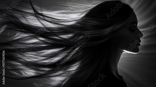 Abstract composition of a hair model's long, flowing hair, illuminated by a side light source creating deep, dynamic shadows on a minimalist backdrop, focus on the silhouette and shadow play,