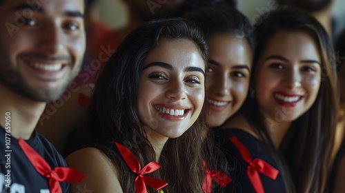 Portrait of a diverse group of happy volunteers wearing red ribbon pins in support of World AIDS Day  They are smiling together