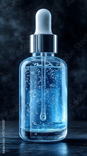 Serene Beauty Serum in Clear Glass Bottle on Dark Background with Bubbles Reflecting Light for Skincare and Healthcare Photography photo